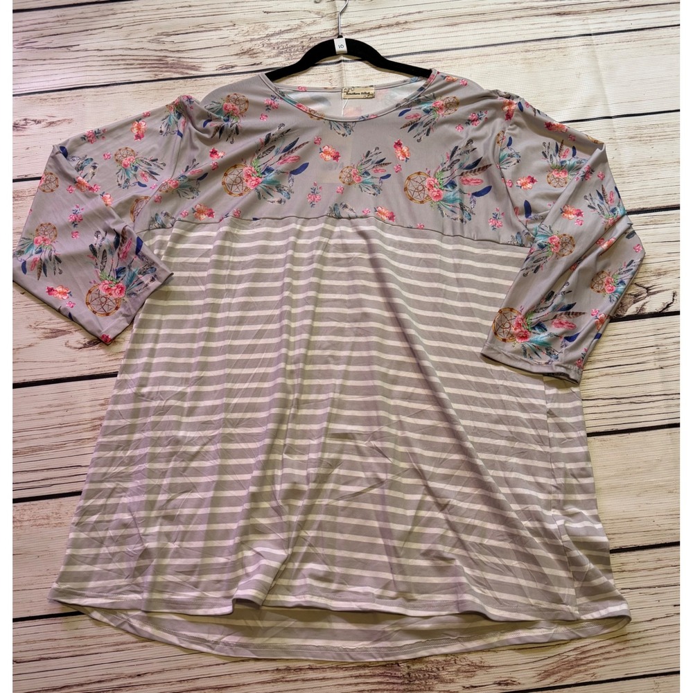 Southern Stitch Womens XXXL Dreamcatcher Floral Striped Tunic Top Gray NWT